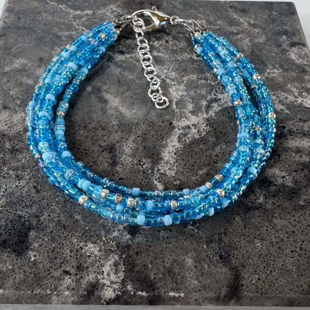 HAND CRAFTED BRACELET Ocean Blue Multi-Strand Czech Glass Beaded Delicate NWT - Picture 10 of 16